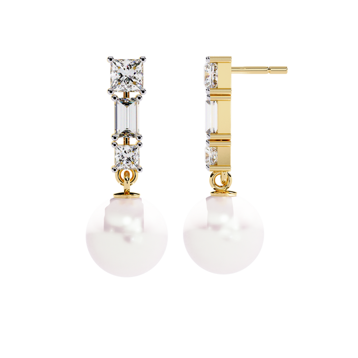PEARL EARRING WITH BAUGETTE AND ROUND DIAMOND